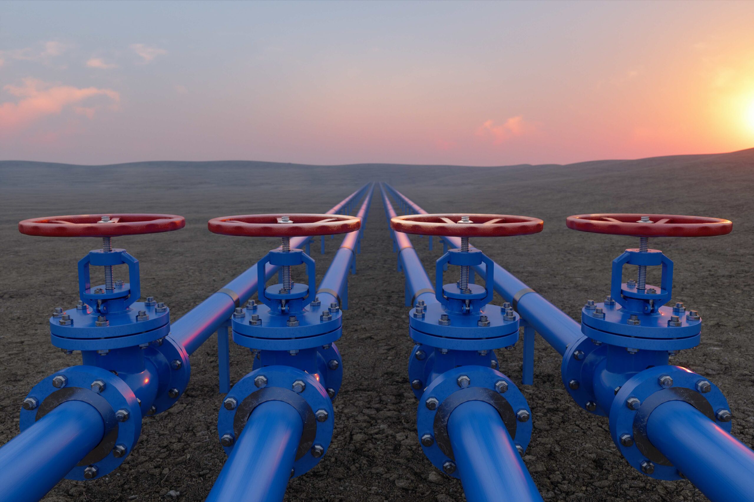 Oil Gas Transportation With Blue Gas Or Pipe Line Valves On Soil Sunrise Background